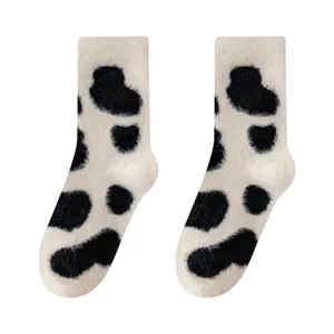 Fluffy cow print mid-tube socks for women, thick winter warm fleece thermal socks.