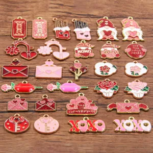 Valentine enamel alloy charms set, DIY jewelry making heart rose letter lip pendants.