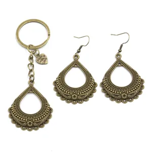 Antike Bronze Legierung Tropfen Filigran Schlüsselanhänger und Ohrringe Set DIY Schmuckzubehör.