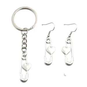 Silver alloy safety pin heart keychain earrings DIY fashion jewelry set accessories