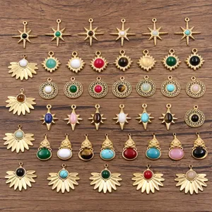 Edelstahl Naturstein Charms Für Die Schmuckherstellung DIY Halskette Ohrring Runde Sonne Stern Fächerform Ajouré Anhänger Zubehör