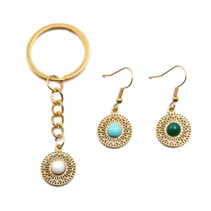 Edelstahl runder Muster Anhänger Schlüsselanhänger und Ohrringe Schmuck Set.