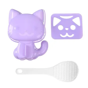 Cartoon cat rice ball mold set with white paddle, DIY cute kitchen baking tool for kids.