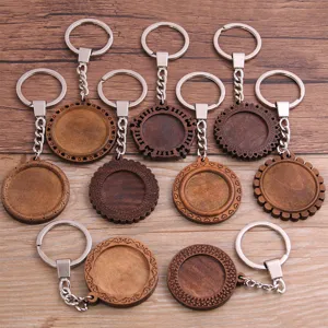 Porte-clés Vintage en Alliage avec Incrustation de Bois Base de Gemme DIY Pendentif en Forme de Cœur Dentelle Florale Support Cabochon en Bois Accessoires de Fabrication de Bijoux Porte-clés Artisanaux