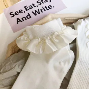 Detailansicht weißer Lolita Rüschensocken aus spitze mit zarten Rüschen und süßem Stil.