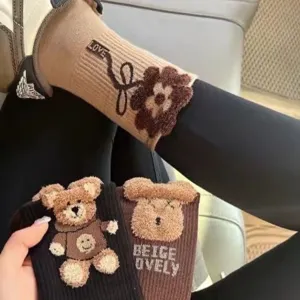 Plush teddy bear mid-calf sock for women, soft cotton knit thermal winter socks with cute animal design.