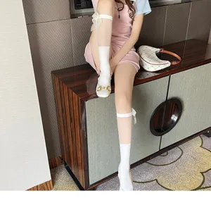 Giapponese dolce principessa rete fiocco calze al ginocchio, carine calze bianche Lolita.