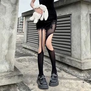 Collants Résille Sexy Ajourés pour Femmes Gothic Y2K Bas à Jarretelles Déchirés Hosiery Tights pour Party Clubwear Leggings