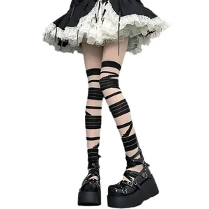 Gothic lolita cross bandage over knee stockings black white high socks for women daily wear