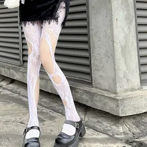 Women white hollowed out fishnet tights distressed cutout pantyhose alternative streetwear