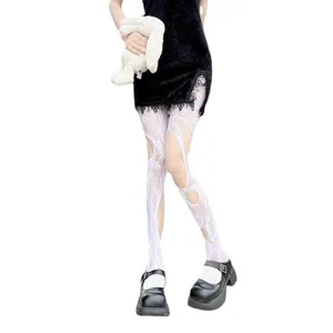 White hollow ripped fishnet tights, edgy Y2K style hollow fishnet stockings for women stylish.