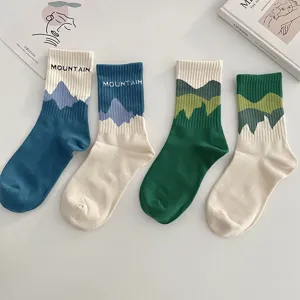 Cute mountain pattern mid-calf cotton socks, Japanese ins style, trendy couple daily wear.