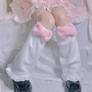 Jambières douces lolita japonaises blanches en peluche avec nœud rose chaussettes mignonnes