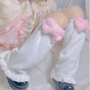 Jambières lolita blanches duveteuses mignonnes avec nœud, guêtres douillettes jk d'hiver.