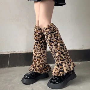 Guêtres en peluche léopard, jolies chaussettes duveteuses Lolita JK japonaises, doux vêtement chaud.