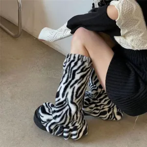Jambières duveteuses imprimé zèbre style lolita doux chaussettes en peluche mignonnes