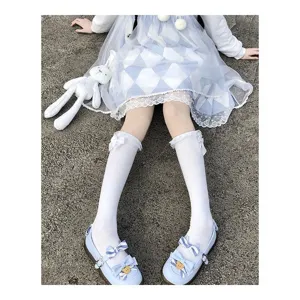 White lace bow mid-calf socks for women, Lolita style cute student hosiery detail view.