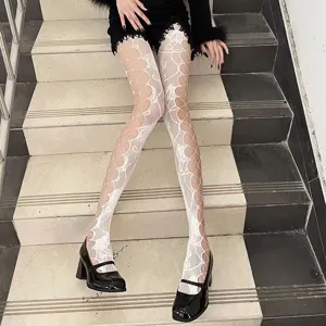 White floral fishnet tights for women, vintage hollow out pantyhose fashion hosiery.