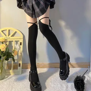 Black JK over-the-knee socks with cross straps, winter cute long cotton socks for women.