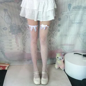 White lace mesh thigh high stockings with cute bows sweet JK style over knee long socks for women