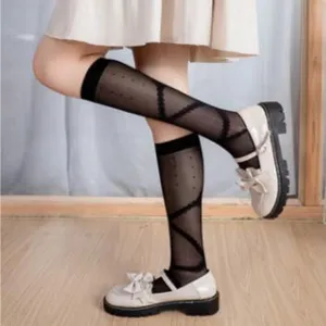 Japanese lolita black sheer knee high socks cute bow cross strap stockings for girls