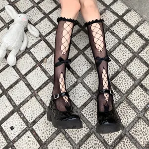 Chaussettes mi-mollet résille noire dentelle volant femme été nœud ajouré chic