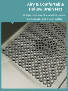 Tapis d'evier de cuisine en silicone gris troue protecteur ecoulement et sechage vaisselle.