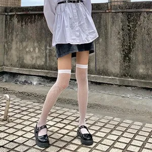 White fishnet over-the-knee stockings detailed view, Japanese style thigh high socks apparel.