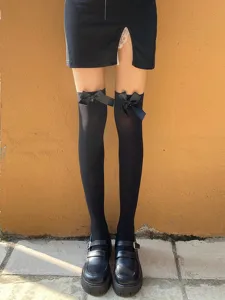Black over-the-knee socks featuring elegant satin bows, sheer thin velvet material designed for sweet JK uniform styles.