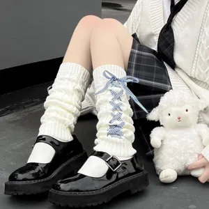 Sweet JK knit leg warmers with blue plaid ribbons, winter warm boot cuffs for women.