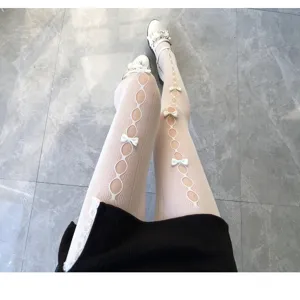 Damen süße weiße Strumpfhose mit Schleifen japanischen JK Stil Feinstrumpfhose Detail