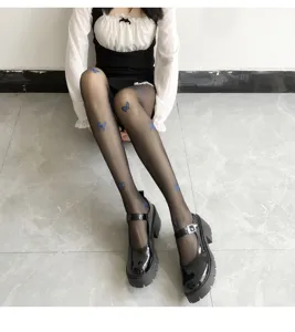 Black sheer pantyhose with blue butterfly print, ultra-thin leg shaping stockings detail.