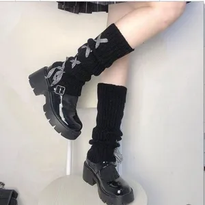 Sweet JK knitted leg warmers for women, autumn winter cross strap Lolita slouch socks.