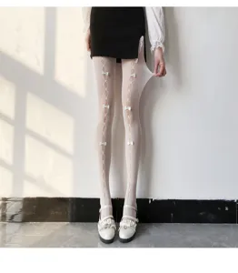 Niedliche weiße Strumpfhose mit Schleifen für Damen, elastische Lolita Strümpfe im süßen Stil.