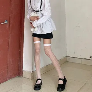 White over-the-knee fishnet stockings for women, sweet Japanese style thigh high mesh socks.