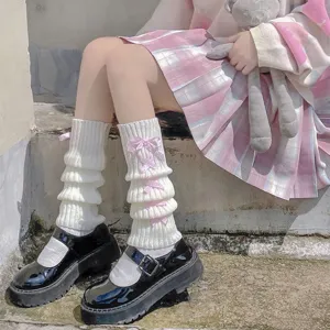 Women Sweet Lolita Knit Leg Warmers Cute Cross Strap Bowknot Winter Warm Calf Sleeves