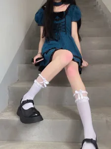 Lolita white ruffle bow mid-tube socks detail view, sweet cute JK daily student wear.