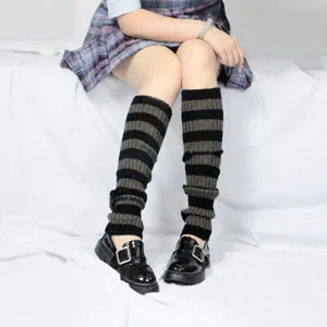 Detailed shot of Japanese style striped leg warmers, acrylic knit over-the-knee socks.