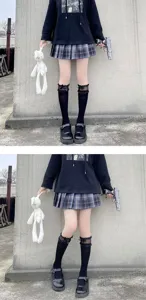 Lolita thin velvet bow lace mid-calf socks sweet girl Japanese JK cute black socks detail