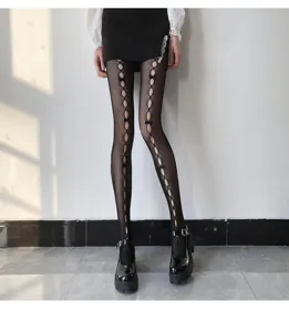 Schwarze Netz-Strumpfhose mit Ausschnitten und Schleifen für Damen, sexy JK Stil.