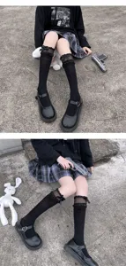Black Lolita velvet ruffle bow knee high socks, sweet JK school uniform stockings for daily wear.
