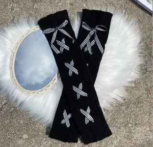 Black knit leg warmers for women, featuring cute checkered bow tie straps. Perfect JK Lolita style.