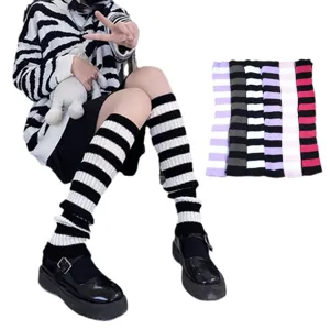 Korean style autumn winter knitted striped leg warmers sweet cute over the knee long socks