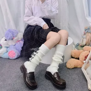 Cute white knit leg warmers with black cross lace-up, perfect for JK and Lolita style.