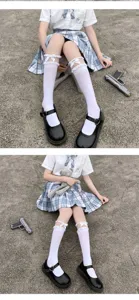 Cute Lolita JK white calf socks with sweet lace bows, soft velvet knee high hosiery for women.
