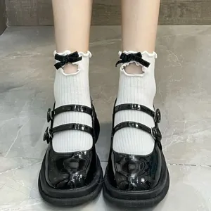 Sweet Japanese Style Lolita Women Mid-Calf Socks Cute Bowknot Flocking Cutout Lettuce Trim Casual Cotton Blend Socks
