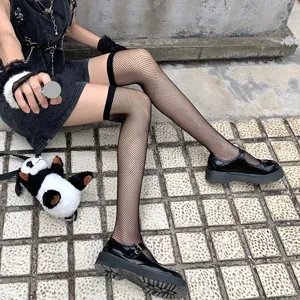 Black fishnet thigh high stockings for women, gothic punk knee high mesh socks outfits.