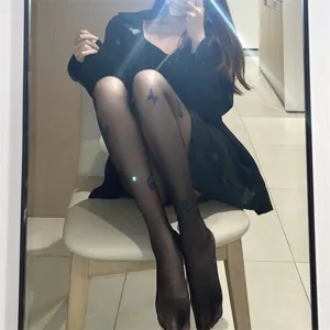 Black sheer pantylhose with elegant blue butterfly print, ultra-thin sexy hosiery for women.
