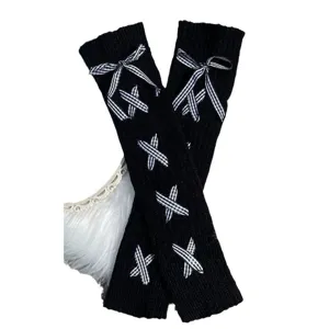 Cute black knit leg warmers with checkered bows, sweet Lolita JK style warm autumn socks.