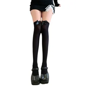 Black over-the-knee socks with bows, velvet thin long stockings for women and student JK uniform.